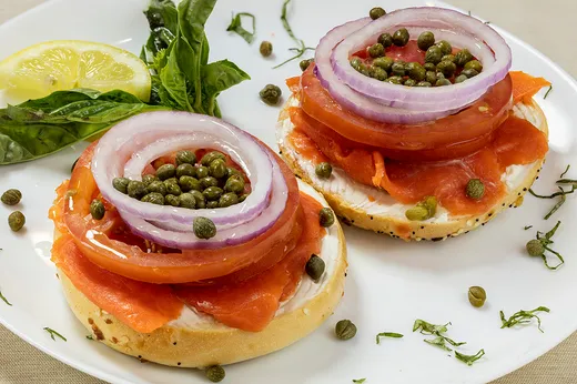 Bagel & Lox Platter — open faced bagel with cream cheese, Alaskan sockeye lox, red onion, tomato and capers